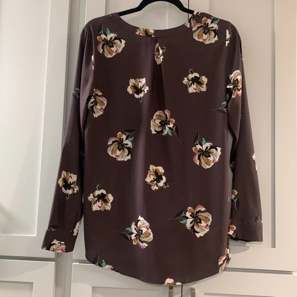Ann Taylor Plum Faux Wrap Long Sleeve Floral Blouse‎